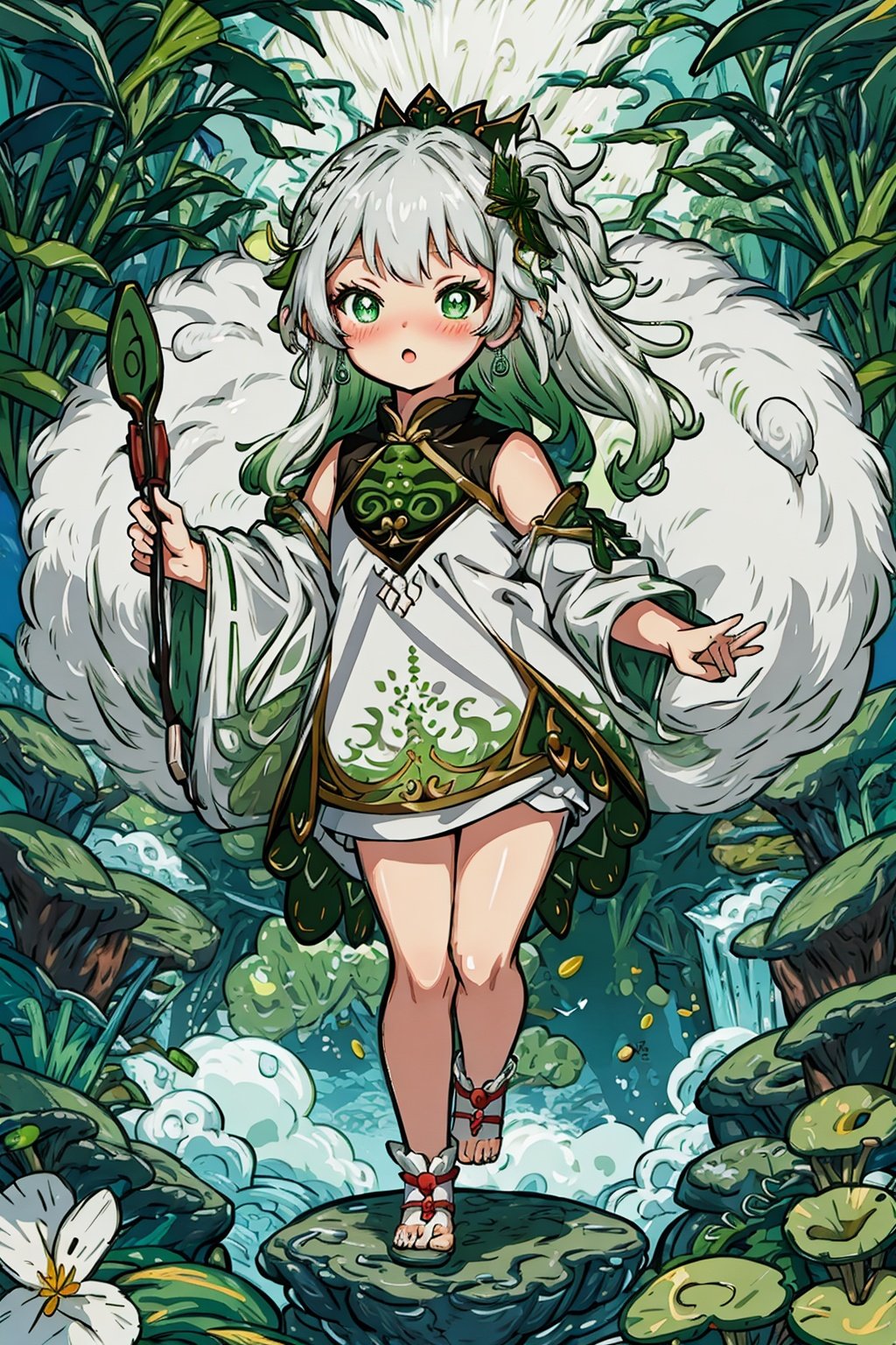 detailed illustration, kusanali,kid, white hair,white dress, green eyes,hair ornament, blush, full body, scenery, jungle ,32,高清