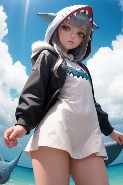 (masterpiece), best quality, ultra-detailed,illustration,8K,beautiful detailed eyes, (beautiful detailed face),  ((realistic face)), cute face,small breasts,blue gray hair, white eye, glowing eye,1girl,((solo)),(shark girl),(Shark plush hood),((Fluffy clothes)),((cowboy shot)), standing posture, from below,perspective,((fisheye lens)), outdoors,sky,sunlight, seaside,