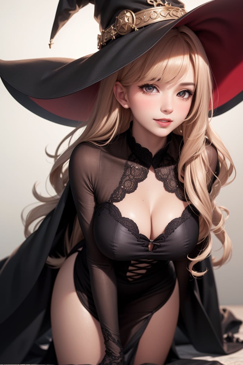 (original) , (very detailed wallpaper) , very detailed illustrations, (1 Girl) , perfect female body, beautiful eyes, (delicate face) ,The Witch, the mysterious woman, the witch hat, the jewelry, the revealing witch robes, the black silk, the sensual thighs, the voluptuous figure, the evil smile, the glint of the eyes, the aura, the oppression, the coercion, the lustrous skin, blush (best lighting) , (super-complex detail) , 4K unified, (super detailed CG: 1.2) , (8K: 1.2) , Lifelike