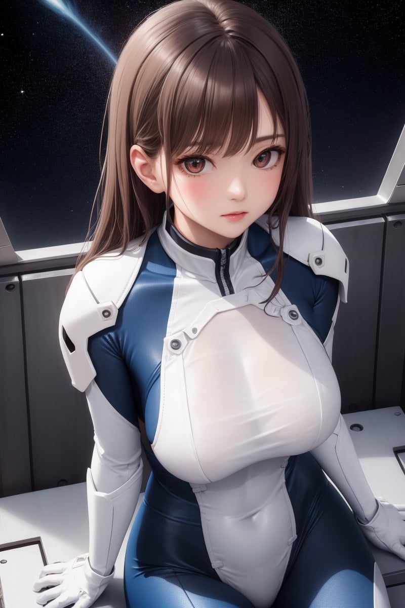 masterpiece, best quality, 1girl, translucent skin<lora:translucent_skin:1:>, blue bodysuit, mechanical, cowboy shot, space, sitting, from above, large breasts, bone, <lora:fukubiri_v10:0.4>