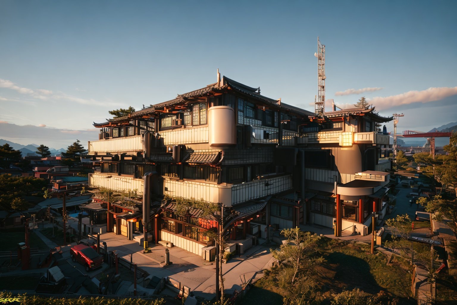 archiaerialview, architecture, trees, sunset, line, architecture, building  , masterpiece,best quality,super detailed,realistic,photorealistic, 8k, sharp focus,a photo of a building ,32,高清,真实,照片