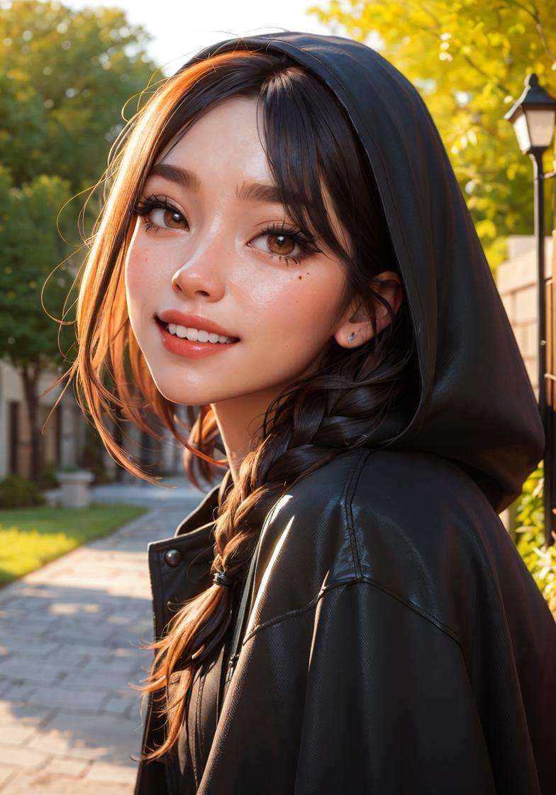 beautiful, masterpiece, best quality, hiqcgbody, anime, 1girl, sam yang, hooded cloak, barbarian girl, mascara, smile, cross, auburn french braid, portrait shot, looking at viewer, glossy lipstick, outdoors, intricate details,<lora:hipoly3DModelLora_v10:0.5> <lora:samdoesartsSamYang_normal:0.5>