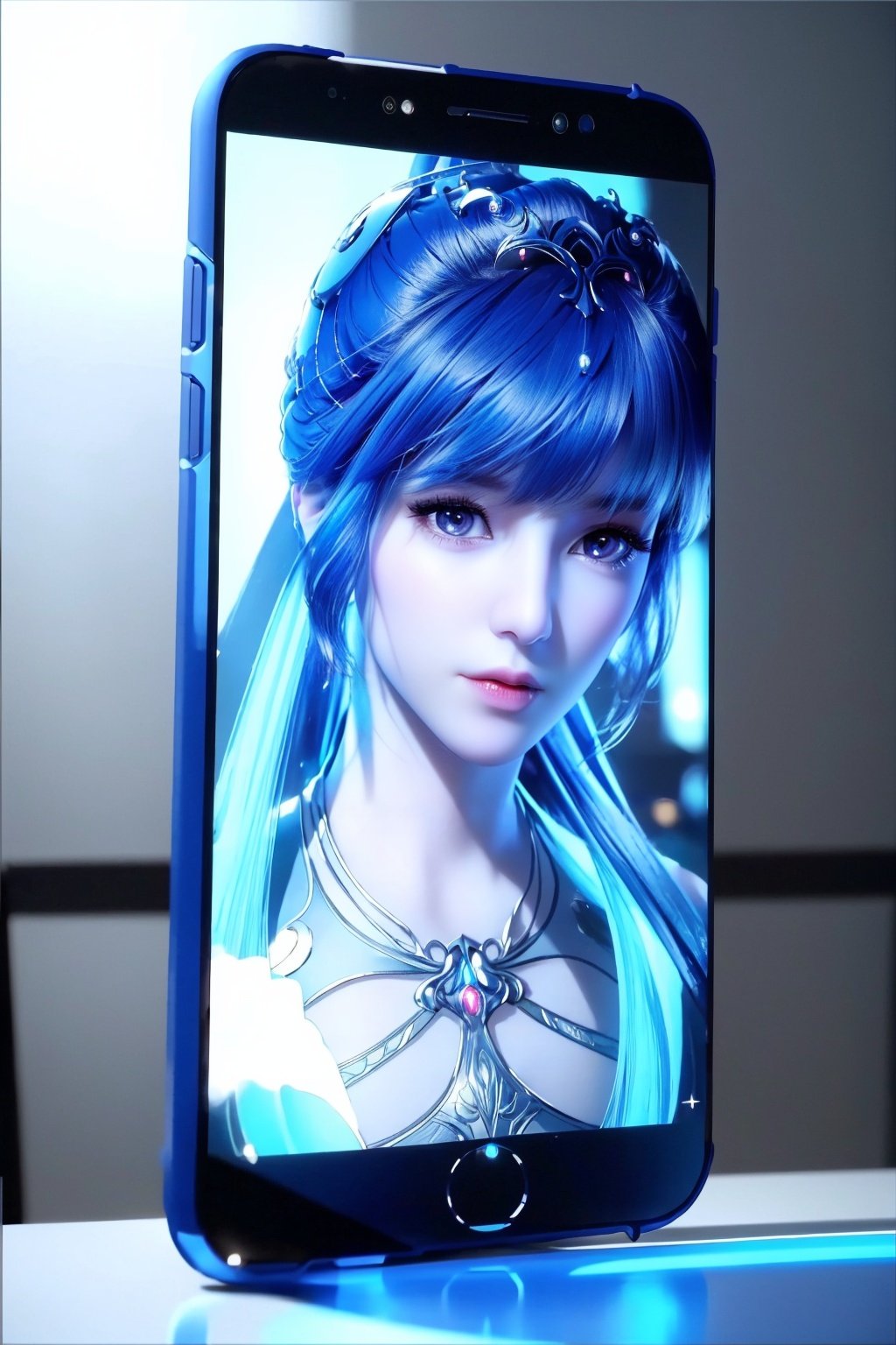 (Masterpiece, Best Picture Quality, Special Effects), Cyberpunk, a high-tech mobile phone with projection function. The phone projects content horizontally on a table,A light and shadow ran out of the phone, like a sci-fi scene, magical, fantasy, projecting a girl, blue hair, bangs, futuristic style (module),Phone case,dzn-hd,xwhd