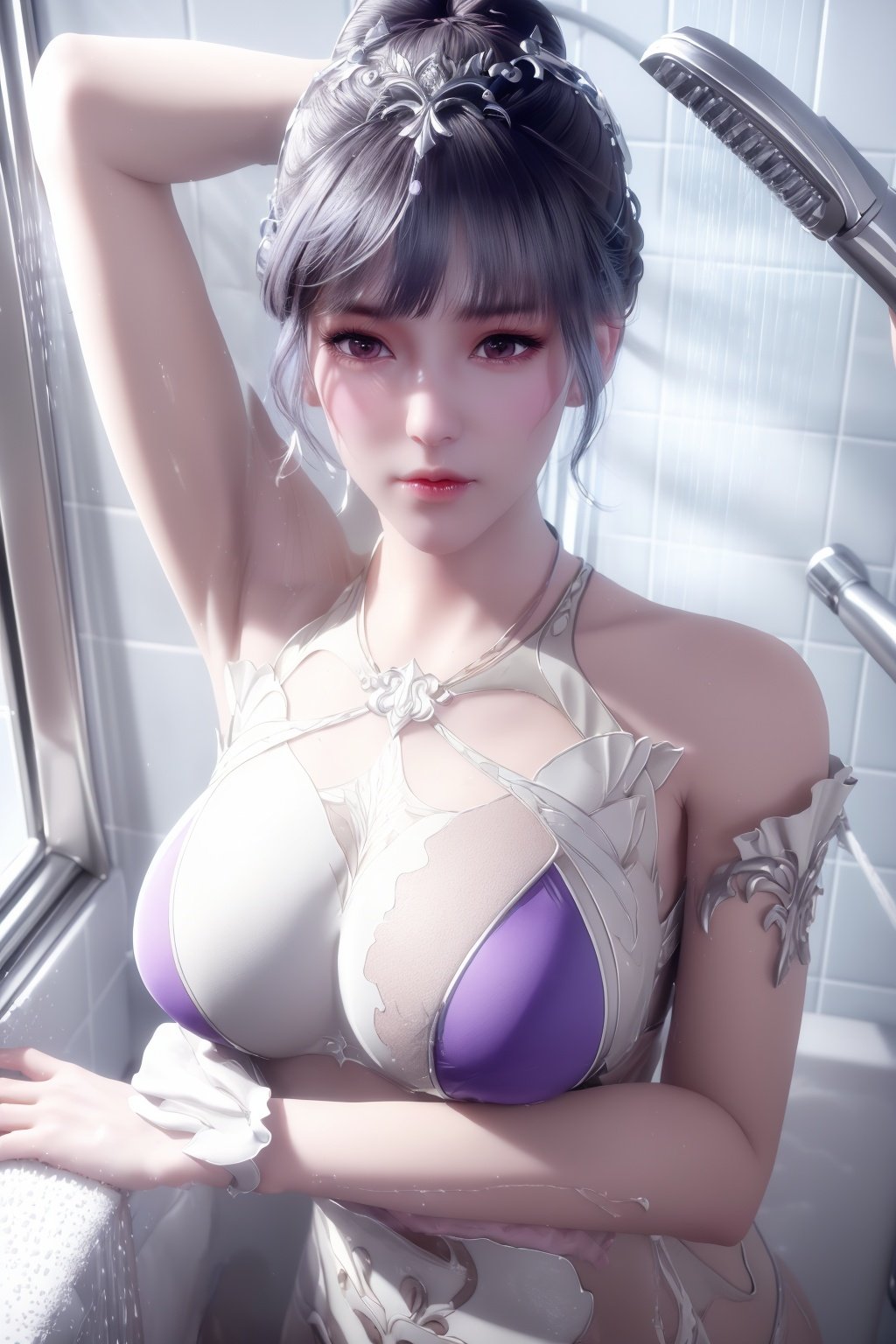 (8k, RAW photo, masterpiece:1.2),incredibly absurdres,absurdres,wallpaper,(super realistic, photo-realistic:1.3),ultra-detailed,extremely detailed cg 8k wallpaper,hatching (texture),skin gloss,light persona,(crystalstexture skin:1.2),(extremely delicate and beautiful),(((a girl is taking a shower in the bathtub,expose only the upper body,wipe yourself with shower gel,surrounded by rising hot air,moist skin))),(bikini:1.2),female pubic hair,hair bun,1girl,bare shoulders,purple_eyes,high_heels,jewelry,hair ornament,braid,earrings,looking_at_viewer,( pov:1.2),arms behind back,cowboy_shot,(breasts,medium_breasts),looking_at_viewer,yx-hd,,xwhd,1 girl