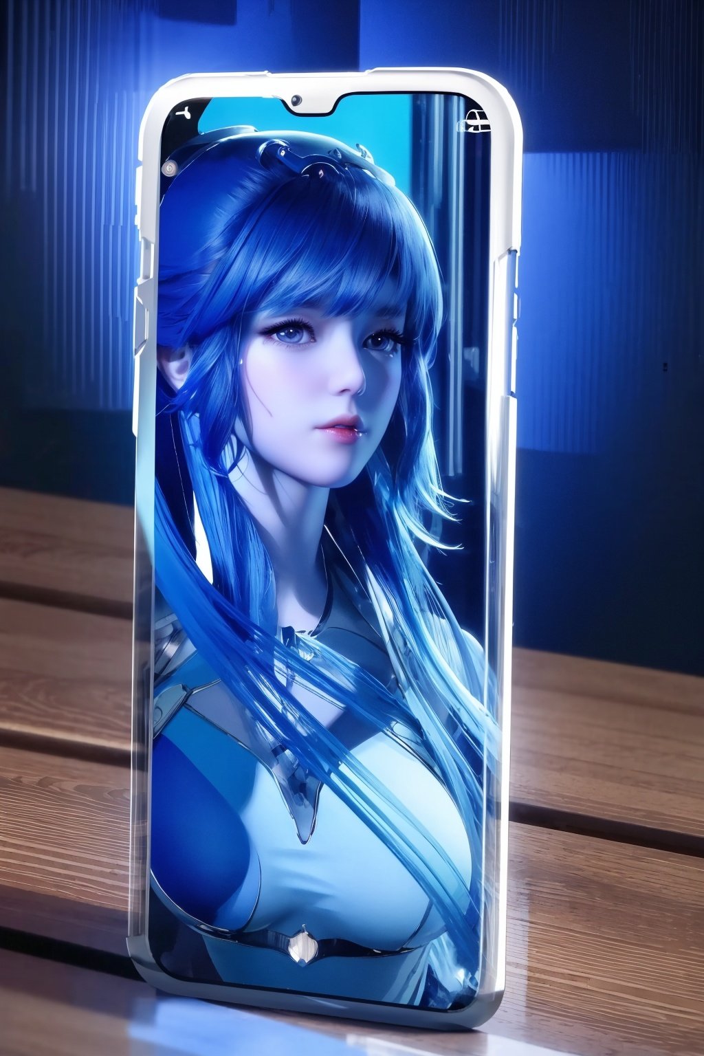 (Masterpiece, Best Picture Quality, Special Effects), Cyberpunk, a high-tech mobile phone with projection function. The phone projects content horizontally on a table, projecting a girl, blue hair, bangs, futuristic style (module),Phone case,xwhd,xwhd