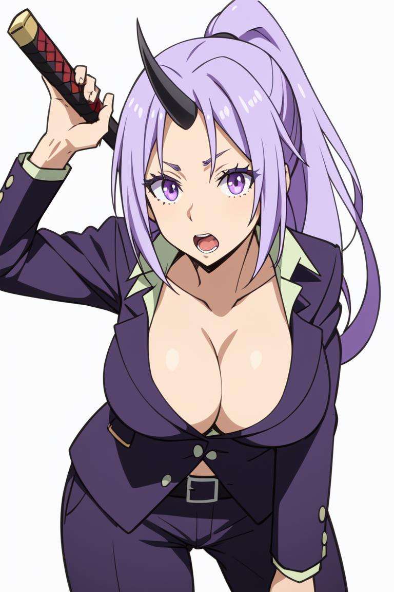 Shion <lora:ShionV1:0.7>1girl, belt, breasts, cleavage, collarbone, holding, holding_sword, holding_weapon, horns, katana, large_breasts, long_hair, open_mouth, pants, ponytail, purple_eyes, purple_hair, purple_jacket, shirt, simple_background, single_horn, solo, sword, very_long_hair, weapon, white_background