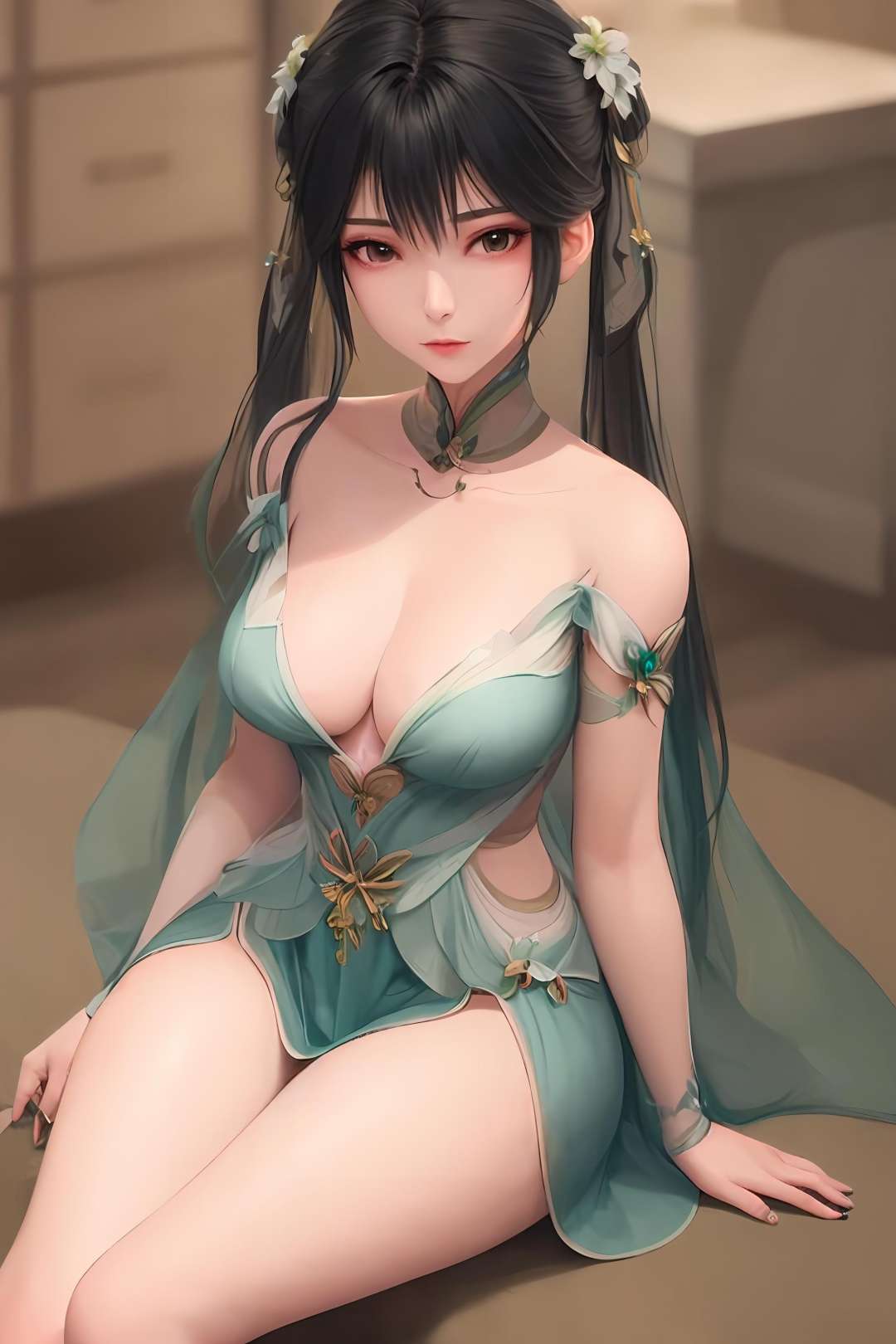 masterpiece,best quality,1girl,photorealistic, biyao chinese dress,<lora:biyao-000001:1>, bangs, bare_shoulders, black_legwear, blush, crossed_arms, detached_sleeves, dress, gloves, looking_at_viewer, purple_eyes, sitting, solo, thigh_strap, thighhighs,