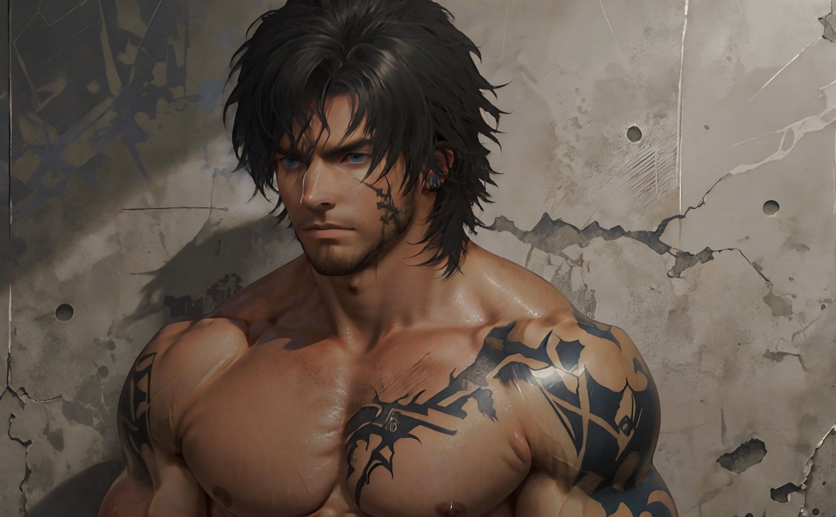 ((masterpiece)),((best quality)),high detailed,ultra-detailed,anime,CG,{{Masterpiece, Best Quality, Extremely Detailed CG, Unity Wallpaper }},1boy,clive,upper body,facial hair, facial tattoo,(left ear clip:1.2),topless, exposing pectoral muscles,exposing abs,black hair, blue eyes, <lora:clive-000020:0.8>