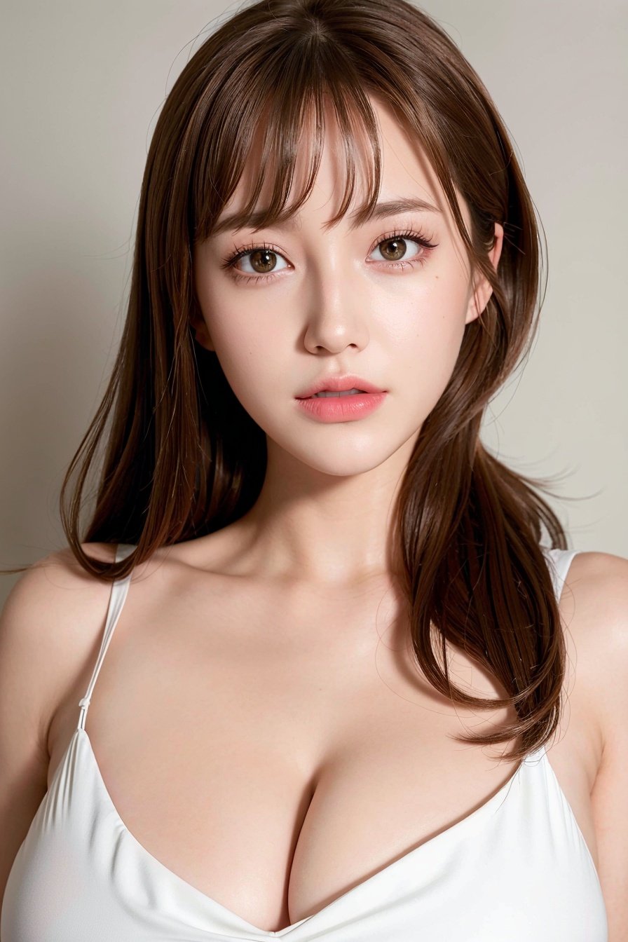 best quality, ultra high res, (photorealistic:1.4), 1girl, white elegant dress, (brown hair:1), (large breasts:1.2), 100mm border light, looking at viewer, closeup <lora:koreanDollLikeness_v20:0.66>