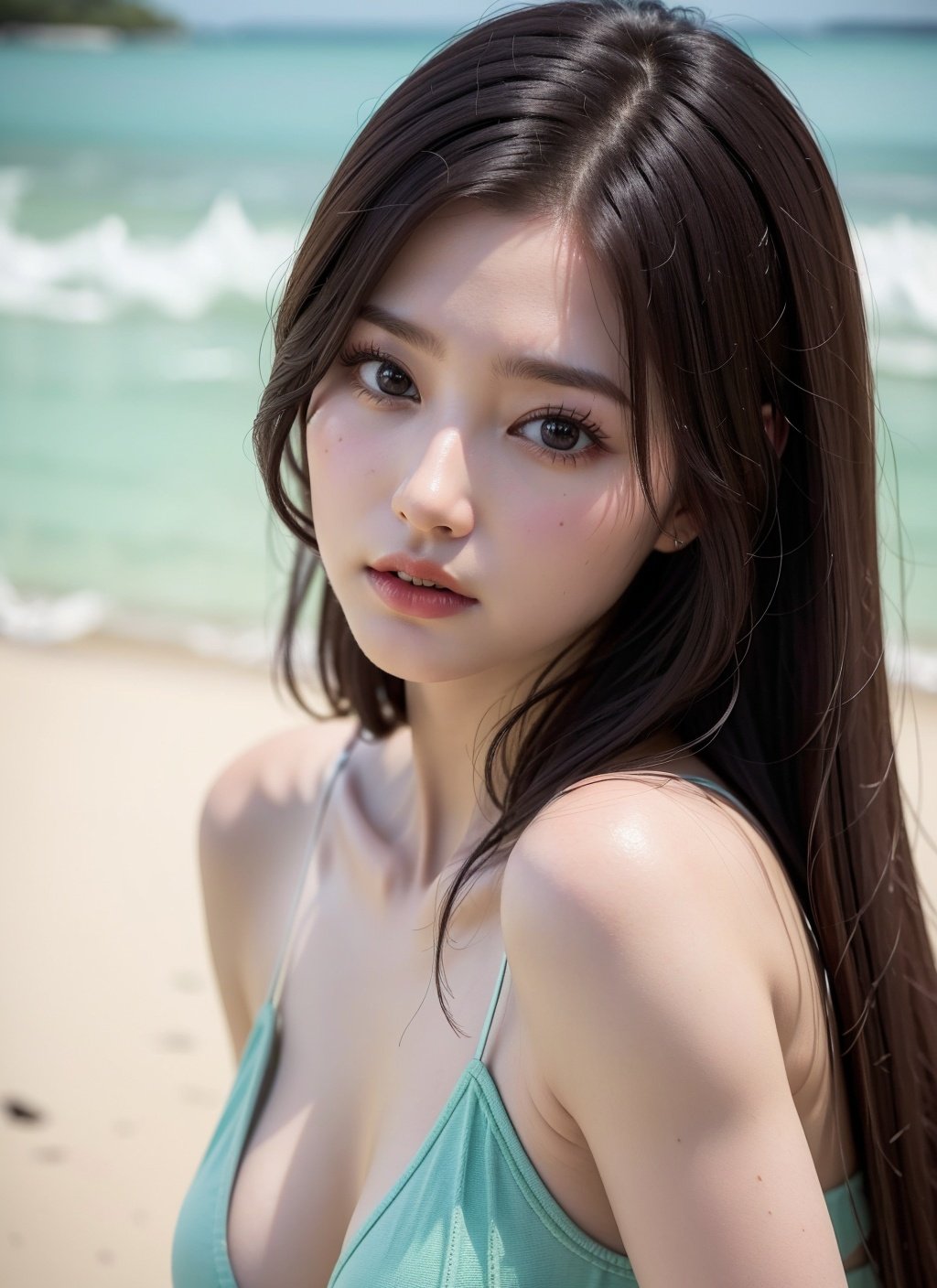 8k resolution, black hair, master artwork, close-up shot, depth of field, long legs, beautiful girl, dolphin in the sea, (melancholy expression), (medium chest), (lip biting makeup), (high detailed skin: 1.2), ultra realistic, Fujifilm XT3, (8k, RAW photo, best quality, masterpiece: 1.2), (photo realistic: 1.37),