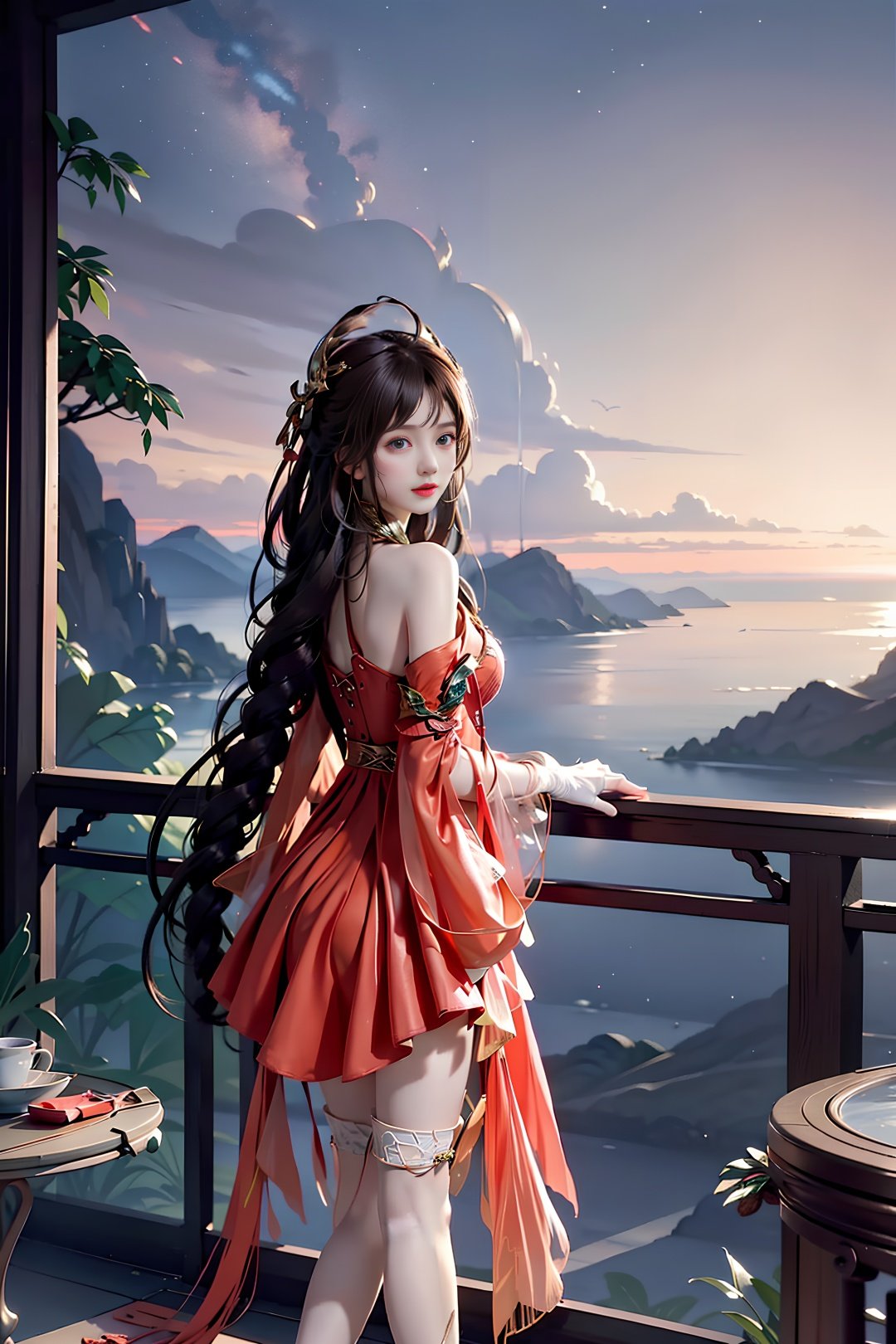 Girl, young and beautiful, tall and beautiful,daqiao, <lora:chilloutmixss_xss10:0.2>,red clothes, red_dress,high heels,thighhighs,((The Landscape Background of China)),upper body,  <lora:taiwanDollLikeness_v10:0.2>,star (sky),  (((in the air)))proportionate,ultra realistic,((white gloves)), from behind, 