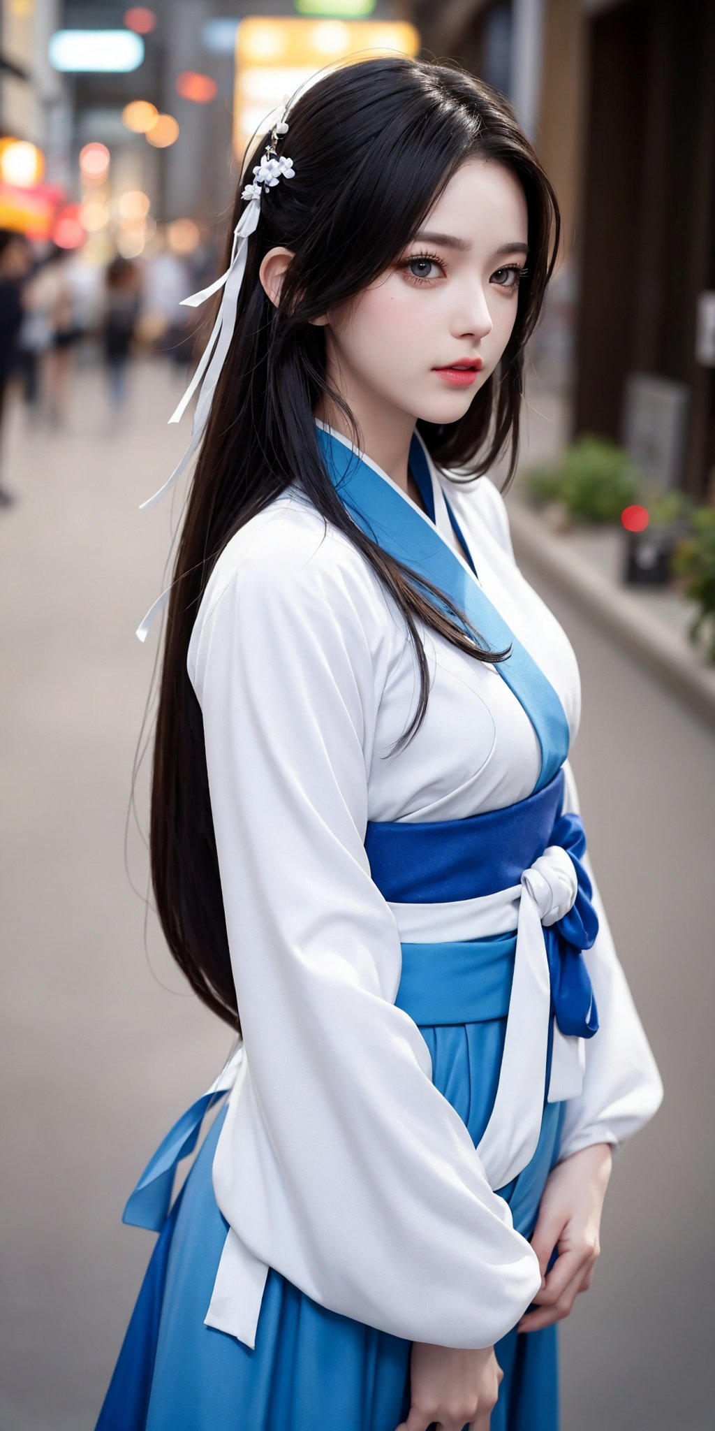 National style photo, (Hanfu: 1.3), (Film size: 1.1), 1 girl, beautiful details of eyes and face, masterpiece, best quality, panoramic, street shot, city center,