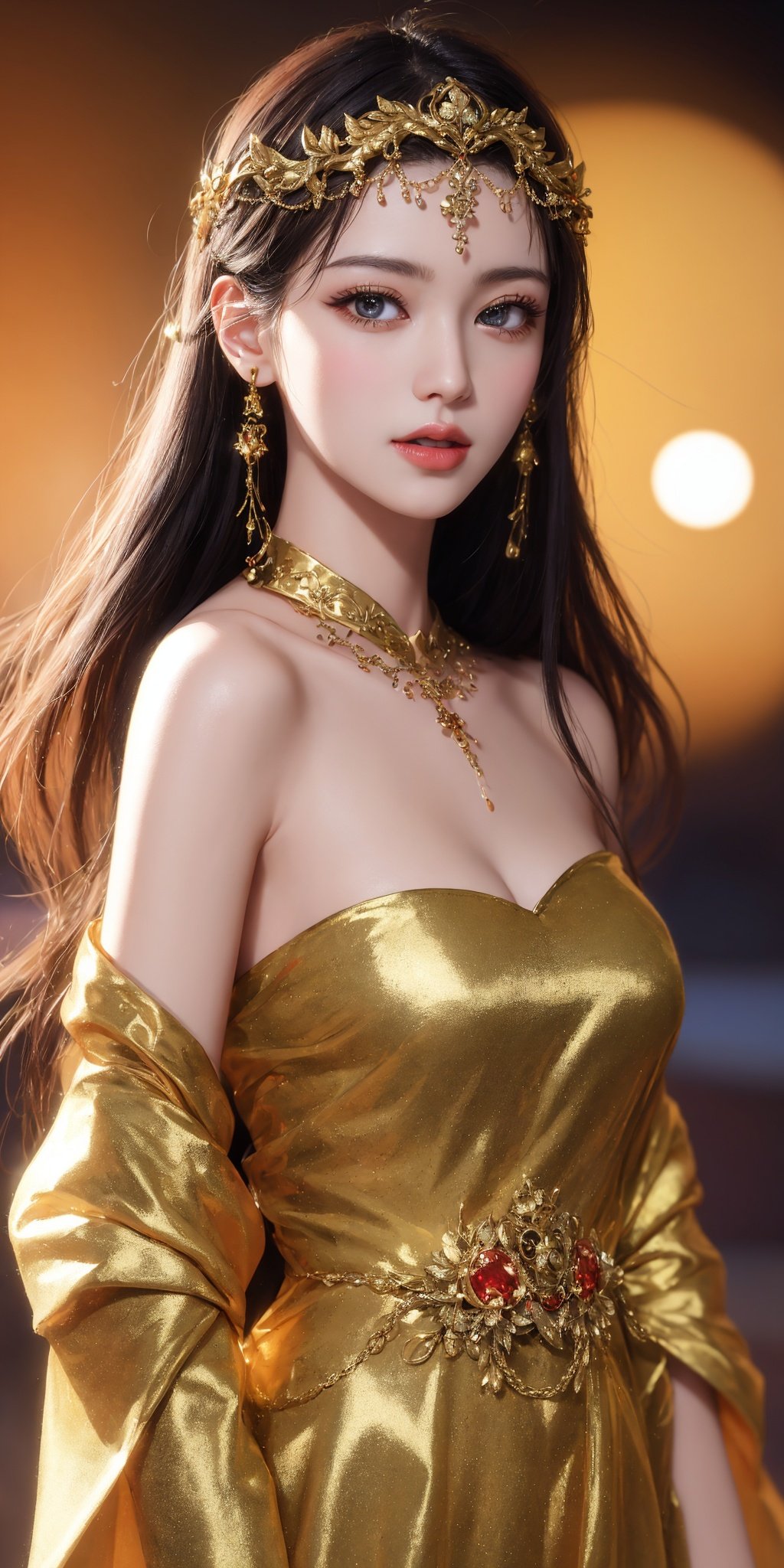 ((Half body photo)), facial close-up of a girl, long hair, gold headdress, gold earrings, gold streamers, off shoulder, (black dress, black dress), dark lines, gold decorations, sun, moon, holy, orange light, starry sky, night sky, cosmic background, goddess, beauty, clear eyes, correct hand painting, correct body painting