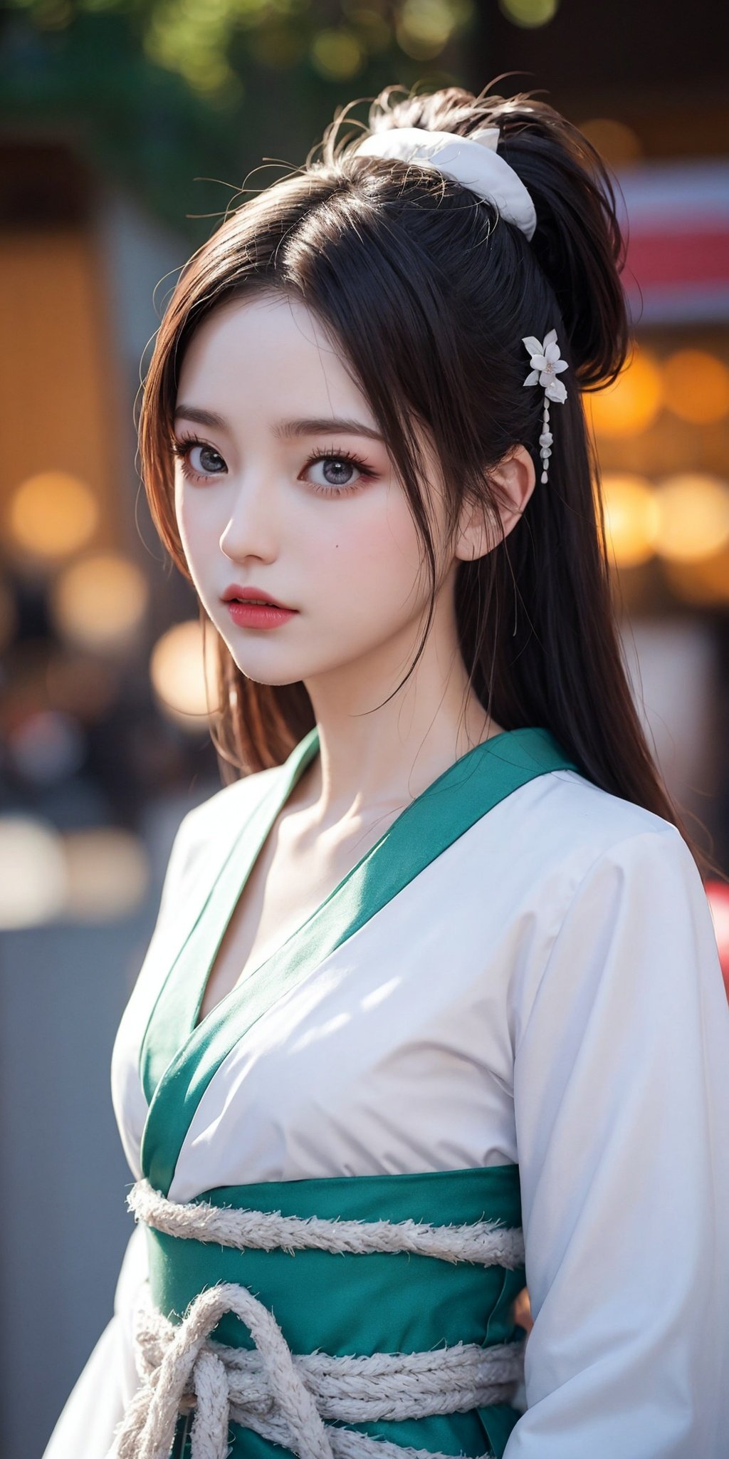 National style photo, (Hanfu: 1.3), (Film size: 1.1), 1 girl, beautiful details of eyes and face, masterpiece, best quality, panoramic, street shot, city center,