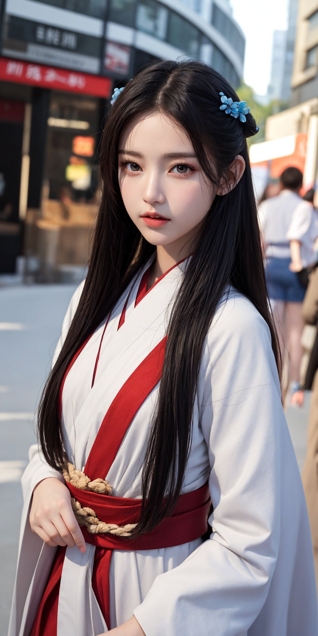 National style photo, (Hanfu: 1.3), (Film size: 1.1), 1 girl, beautiful details of eyes and face, masterpiece, best quality, panoramic, street shot, city center,