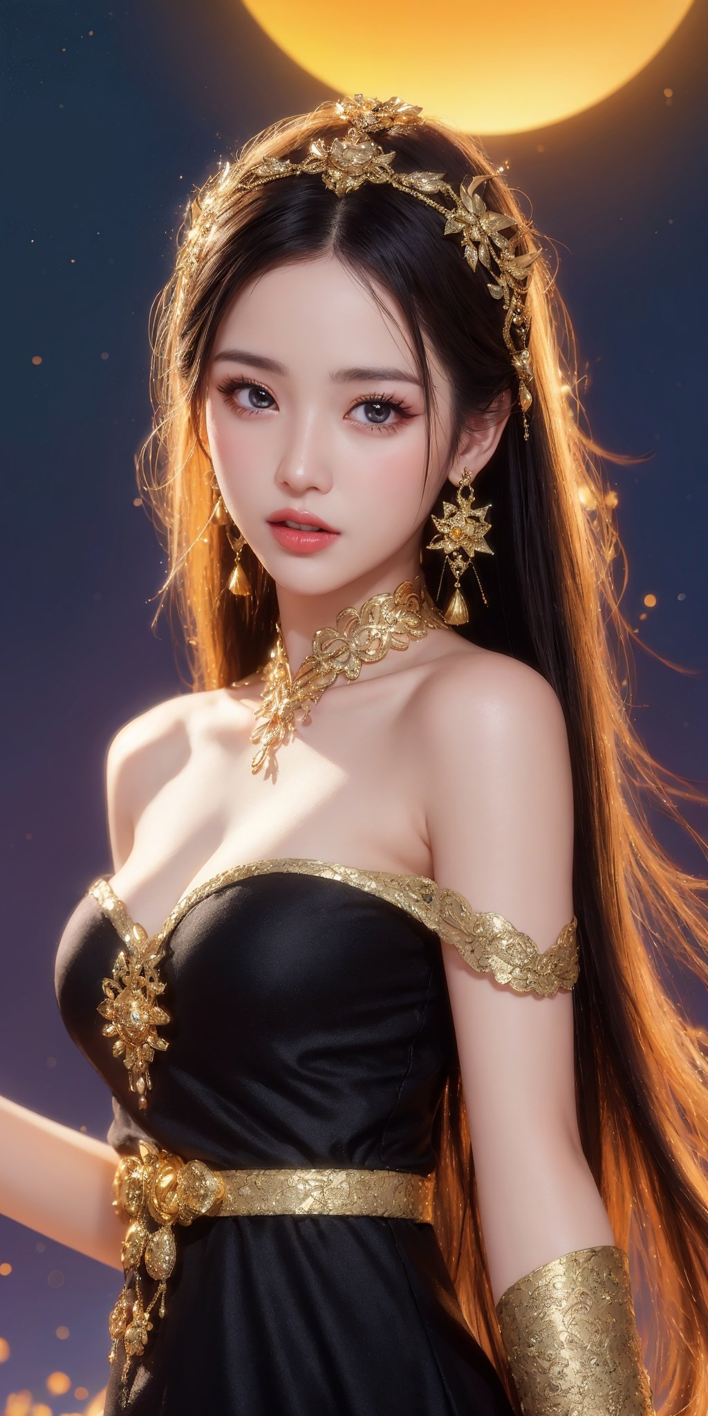 ((Half body photo)), facial close-up of a girl, long hair, gold headdress, gold earrings, gold streamers, off shoulder, (black dress, black dress), dark lines, gold decorations, sun, moon, holy, orange light, starry sky, night sky, cosmic background, goddess, beauty, clear eyes, correct hand painting, correct body painting