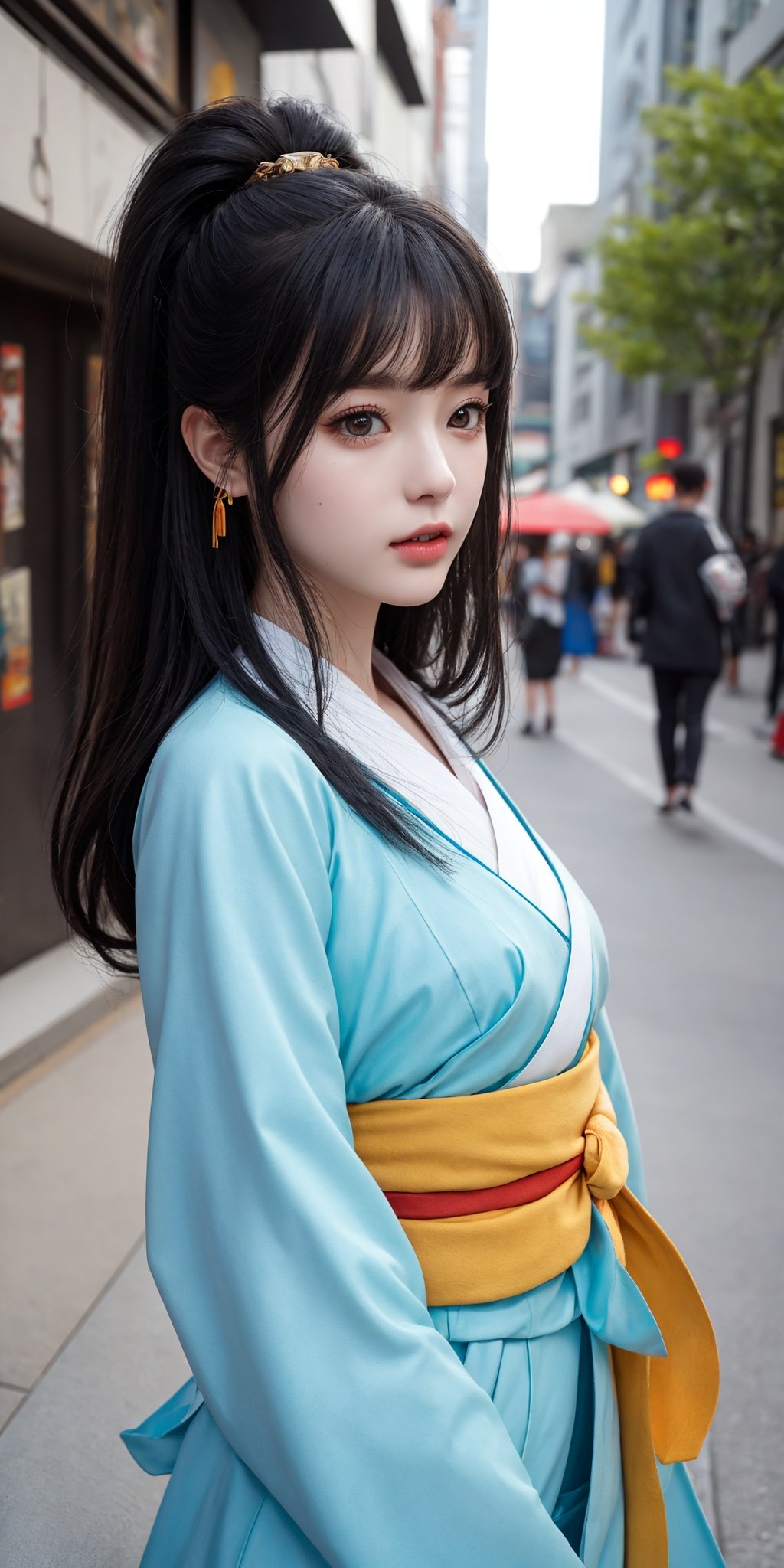 National style photo, (Hanfu: 1.3), (Film size: 1.1), 1 girl, beautiful details of eyes and face, masterpiece, best quality, panoramic, street shot, city center,