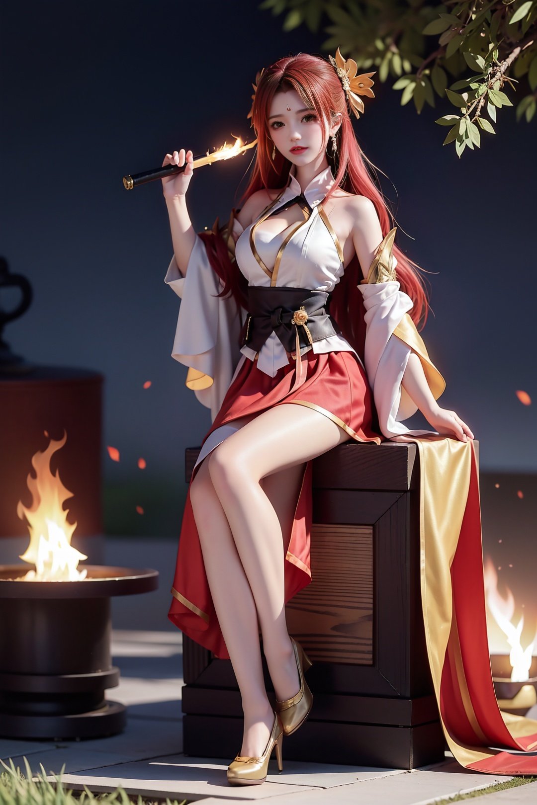 Girl, young and beautiful, tall and beautiful, fair face, perfect features, tall and beautiful, fair skin, good figure, heroic and valiant, heroic and valiant, wearing ancient Chinese armor, female general, Chinese landscape background, standing on the top of the mountain, 500 years ago, starry night, realistic, detailed, 8k, <lora:chilloutmixss_xss10:0.3> mix4,  ((sitting)),((full_body)), <lora:lasta-000018:0.5>Mature facial features,fire, flame, burning, molten_rock, breathing_fire, candle, fireplace, flaming_weapon, explosion, magic, pyrokinesis, sun, red_hair, torch, 1girl, flaming_sword, embers, sunset, campfire, long_hair, firing, fiery_hair, sitting,, energy_ball, candlelight, hair_ornament, solo, tail-tip_fire