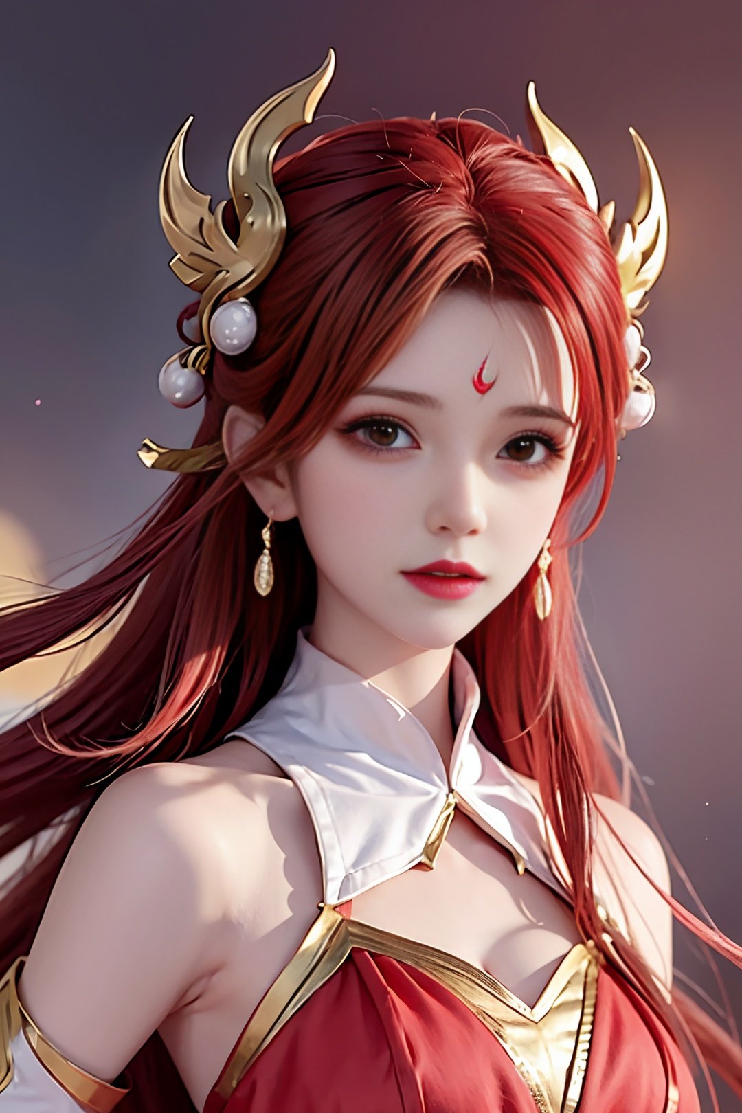 Girl, young and beautiful, tall and beautiful, fair face, perfect features, tall and beautiful, fair skin, good figure, heroic and valiant, heroic and valiant, wearing ancient Chinese armor, female general, Chinese landscape background, standing on the top of the mountain, 500 years ago, starry night, realistic, detailed, 8k, <lora:chilloutmixss_xss10:0.3> mix4,   <lora:lasta-000018:0.5>red_dress,starry sky, fire, red hair, solo, hair ornament, long hair, red eyes, jewelry, earrings, dress, bare shoulders, red lips, upper body,, facial mark, crescent, lipstick, forehead mark, looking at viewer，Mature facial features