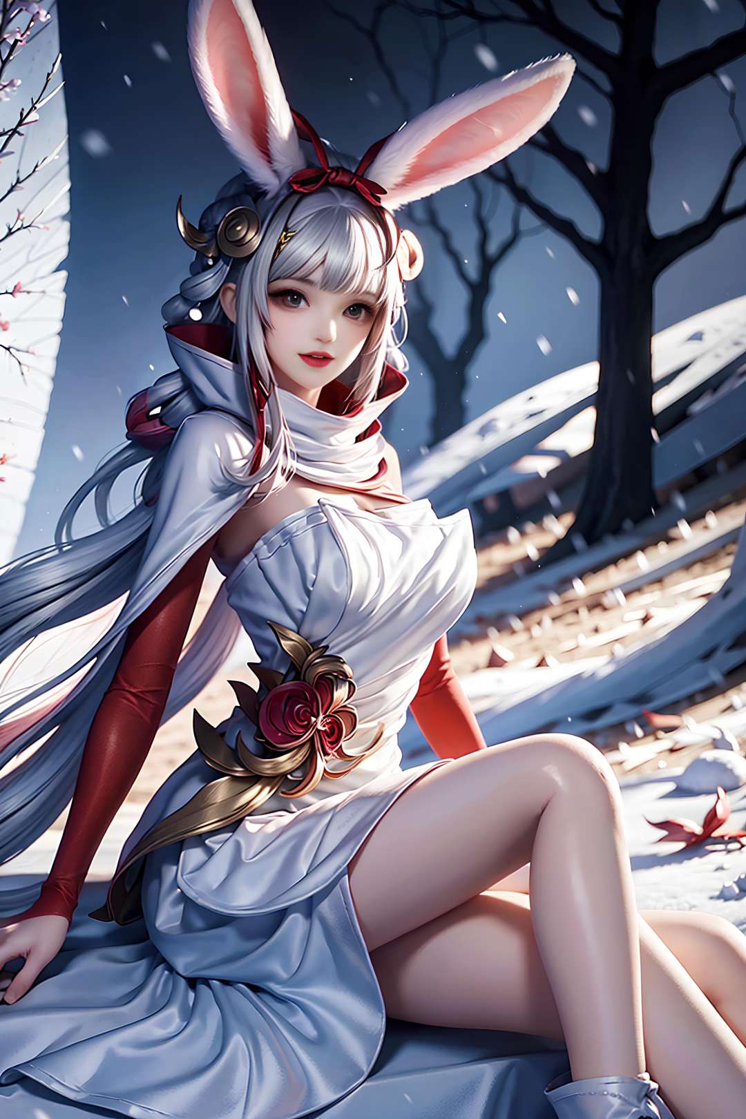 snow shelter, snowing,sitting sideways, rabbit ears, Girl, young and beautiful, tall and beautiful, fair face, perfect features, tall and beautiful, 4k,cg,(8K,perfect lighting,halo,proportionate)