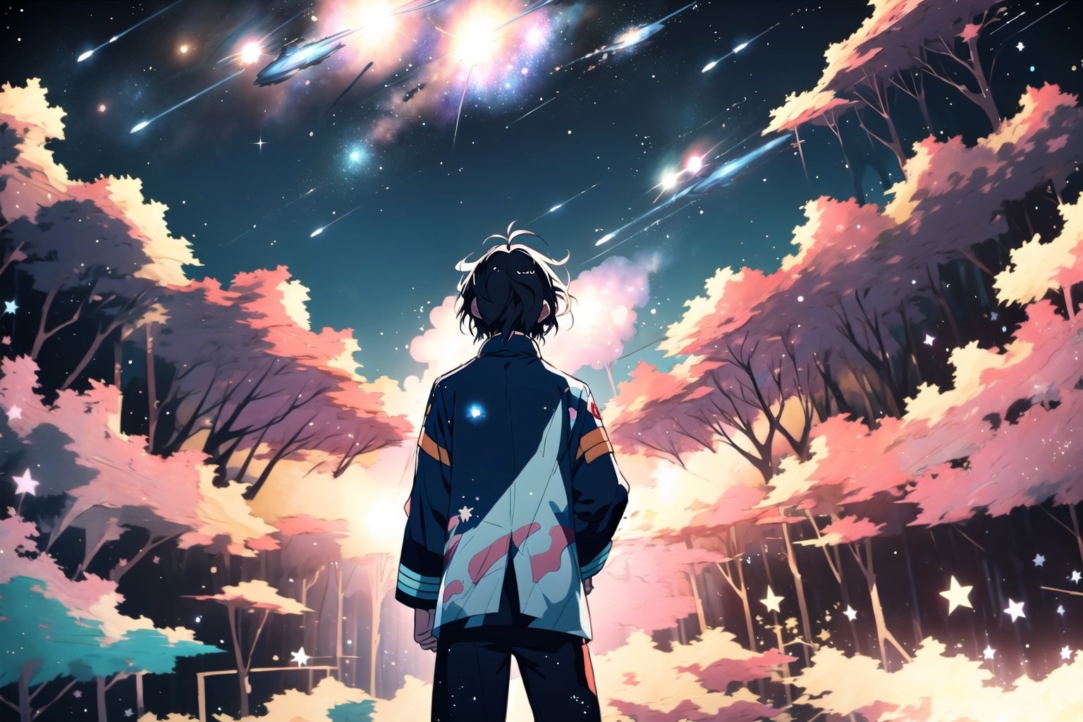 style of Satoshi Kon,short white and blue wavy hair, anime guy in space , wearing a space captain outfit , WIDE Open arms looking at the stars, wide angle, back shot, anime screenshot , 4k with stars and particles,cinematic look ,similar art to yoneyama mai art style, scenery, Illustration, Ink, thematic background, epic