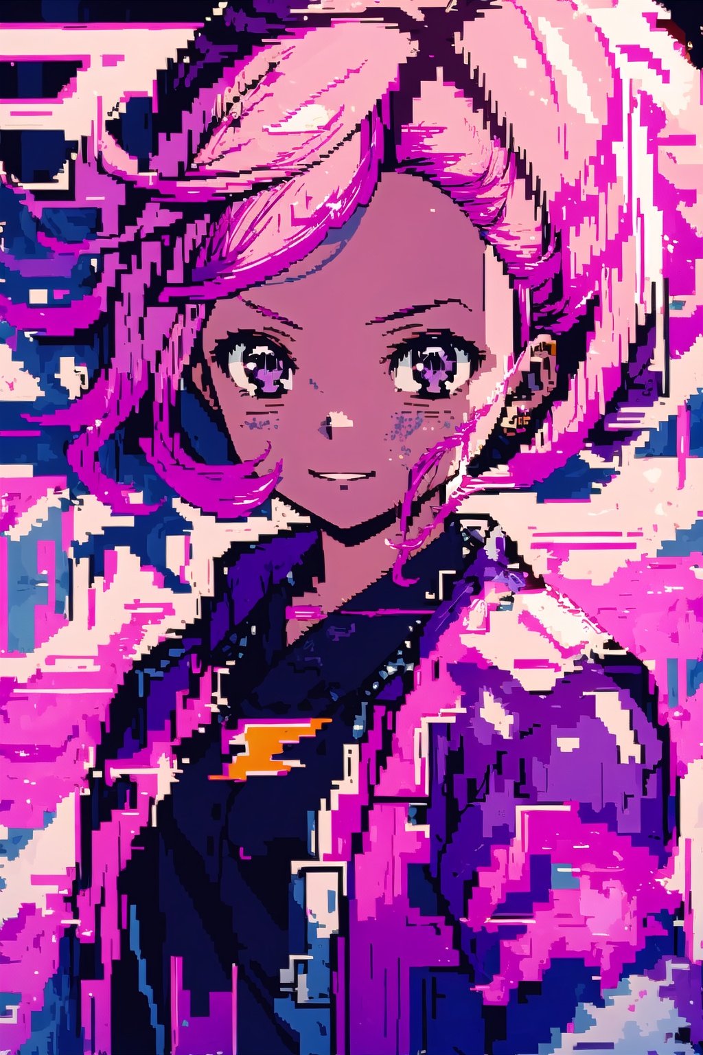 pixel art, guiltys, happy, a girl, purple eyes, pink hair, posing, upper body, (bokeh:1.1), depth of field, style of Frances MacDonald McNair, splashes, lightning, light particles, thematic background, illustration, poster,hyperanim