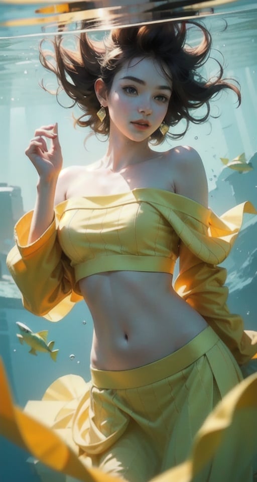 best quality,masterpiece,high resolution,high detail RAW color photo,1girl,solo,gorgeous face,earrings,exquisite facial features,earrings,(skirt:1.2),(Tube top sweater, off-shoulder, sleeveless, cropped to show midriff and belly button:1.2),milky skin,shuixia,(natural pose:1.5),<lora:shuixia:1:1,0,0,1,1,1,1,1,1,1,0,0,0,0,0,0,0>,shuixia,underwater,water,(VSCO:1.3),16K,HDR,highres,