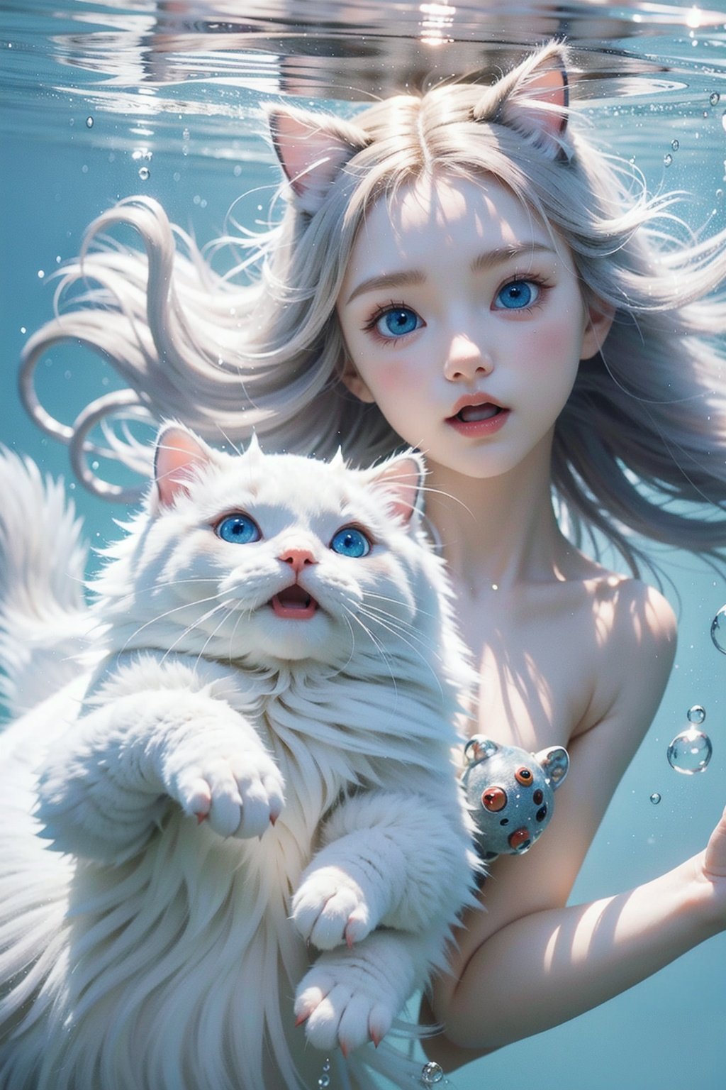 cat,MG mao,Exquisite visuals,high-definition,masterpieces,fish,whiskers,blue eyes,no humans,animal focus,open mouth,looking at viewer,white cat,underwater,bubble,solo,swimming,goldfish,submerged,water under,Bubble,HD screen,ragdoll,<lora:布偶猫ragdollcat_Ragdoll_V1:0.5>,<lora:luzcshuixia:0.4>,