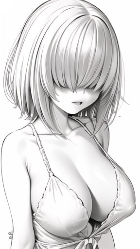 {{illustration}},{{{masterpiece}}},{{best quality}}big breast，1girl，monochrome, greyscale,white background,short hair, blonde hair, blush，crazy，upper body，hair over eyes purple eyes <lora:min:1> <lora:last:1>