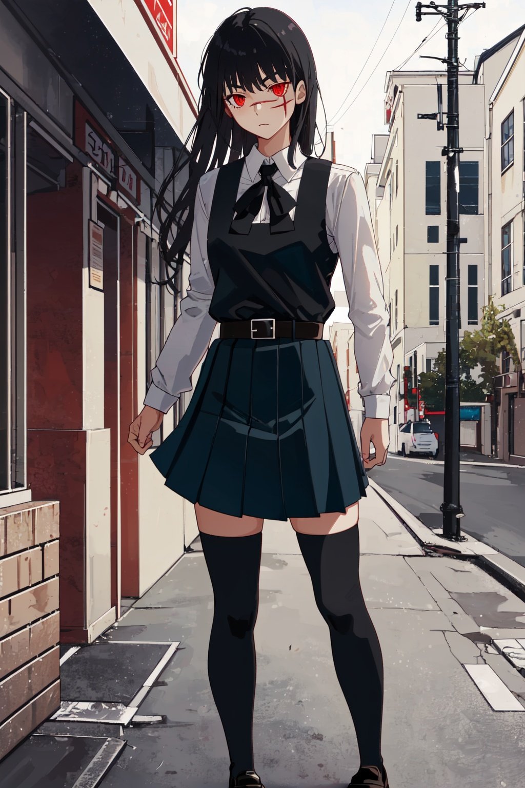 Red eyes,scar,girl,school clothes,pinafore dress, black belt, black ribbon, black kneesocks, loafersstanding pose,best quality,school 