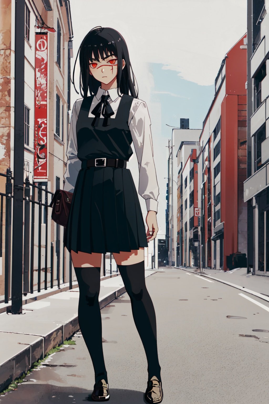 Red eyes,scar,girl,school clothes,pinafore dress, black belt, black ribbon, black kneesocks, loafersstanding pose,best quality,school 