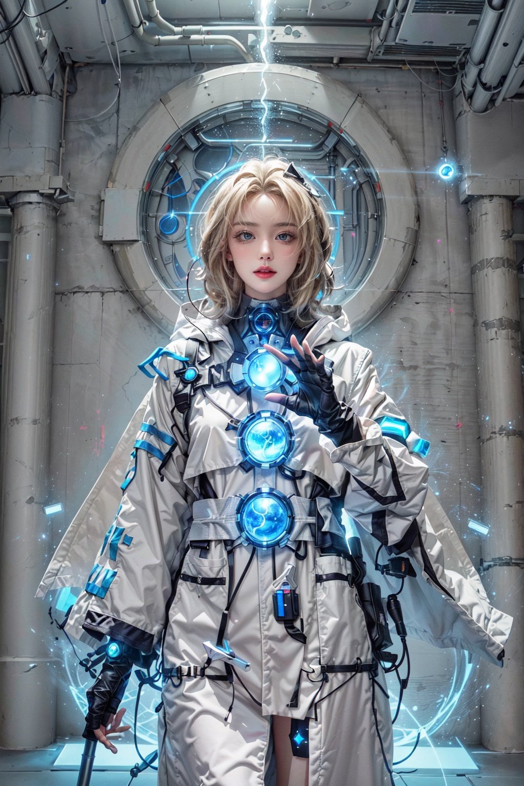 (futuristic), (mystical), (magical),(ethereal being), (advancedtechnology), (hightechrobes),( futuristicstaff),(orbitingholograms),( cybernetichands),(nanomagichood), (faceshield),(glowingeyes),( majesticpose),( powerfulstance),(defendsjustice)