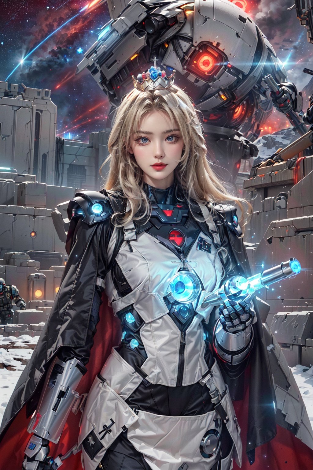 (futuristic empress),( commanding ruler),( galactic reign),(high tech crown),( hoveringwhitearmor),( glowing red cloak), (eyesonthe stars),( holding energy scepter),(trusted AI advisor),(robotic soldiers),(expanse the empire),(rule with wisdomand vision),(resourcestosavecivilizations),(white armor envisionsprogress), (led withstrengthand compassion)