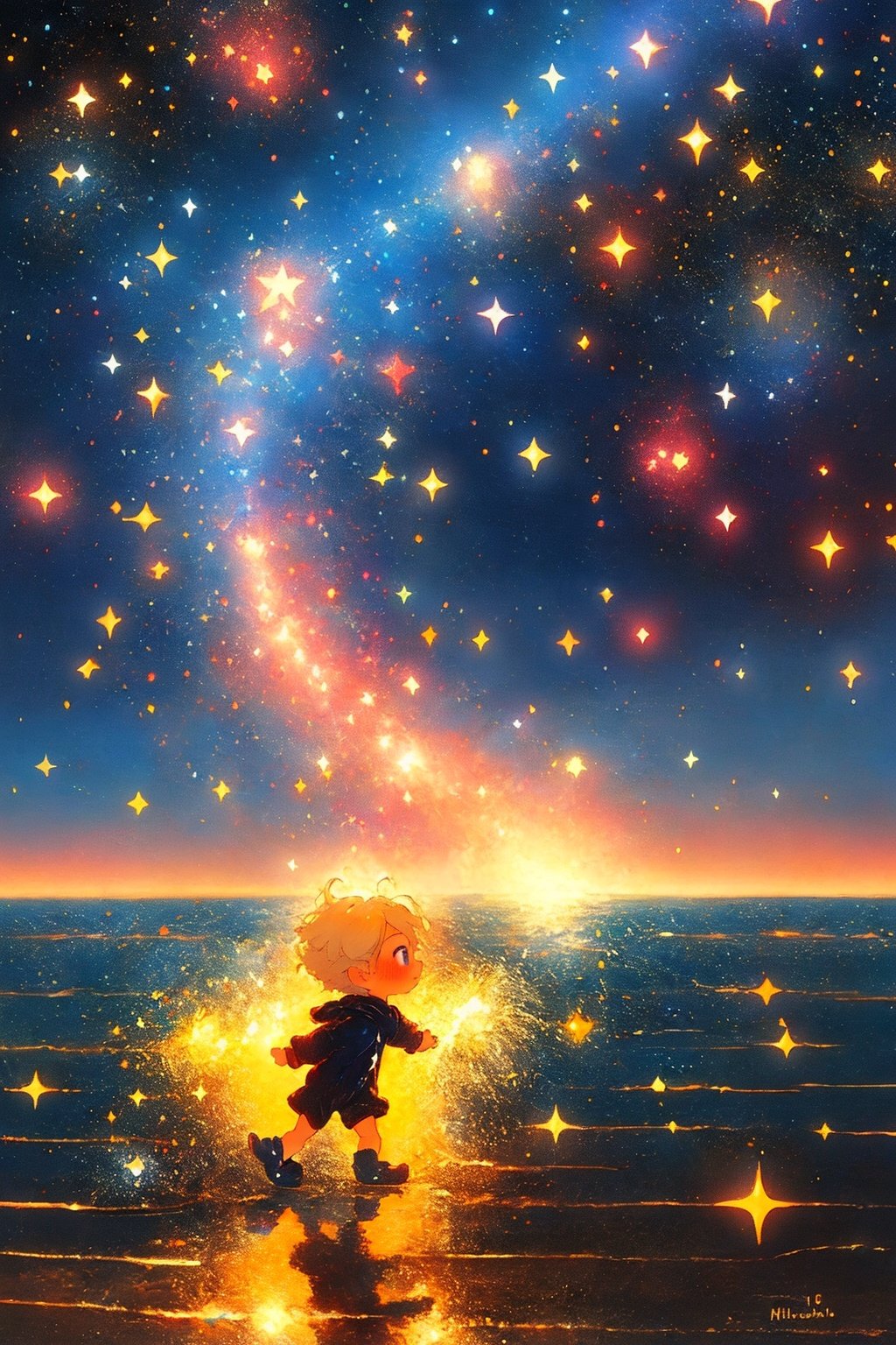 a cute boy with gold hair is holding a large shining stars::2, baby body, is running on the sea, land of dreams, shotting stars, the milky way, colorful star clusters, oil painting style, very obvious oil painting strokes, beautiful, side view, 16k, hd, booru,more details, color cartoon,, <lora:EMS-3106-EMS:1>