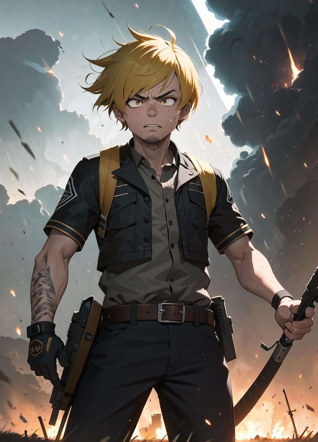 best quality, constricted pupils, cowboy shot, 1boy, looking at viewer, angry, mad, disgusted, (diagonal bangs:1.3), yellow streaked hair, digital illustration, battlefield, injury, smokestacks in the distance, weapons sticking out of the ground, stormy weather, detailed background, <lora:GoodHands-vanilla:1>