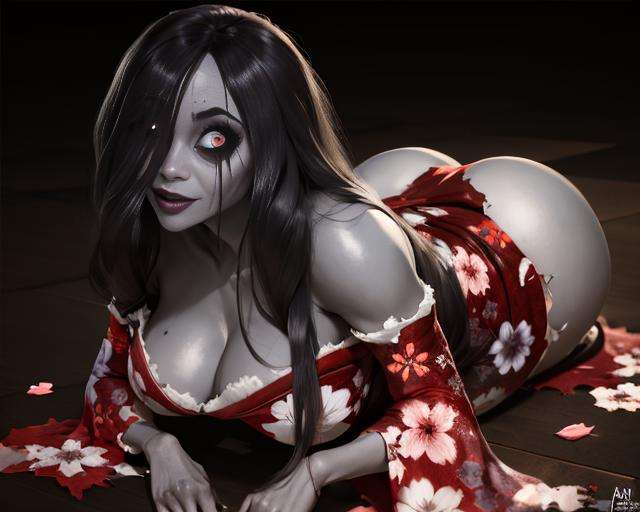 Hisako, grey skin,long hair, hair over one eye, black sclera, white pupils,  crawling on the floor,  looking at viewer, crazy eyes, crazy smile,   large areolas,  on all fours,    ass up,HIattire,red kimono with floral print, off shoulder, torn clothes, cleavage(insanely detailed, beautiful detailed face, masterpiece, best quality)  <lora:Hisako-01:1>   <lora:Crazy_ExpressionsV2:0.8>,