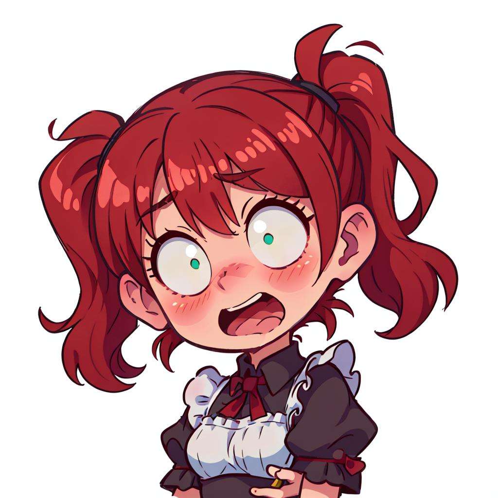 ((best quality, masterpiece)),    [(simple background:1.3),::5], ((die-cut sticker):1.1), (solid outline:1.2),chibi, 1girl, maid, black maid uniform, red hair, twintails, green eyes , ((surprised, shocked, open mouth, blush):1.1), ((constricted pupils, small pupils)),<lora:easy_sticker:0.5> , <lyco:Qtea_add_sugar:0.2>  <lora:Crazy_ExpressionsV2:0.7>