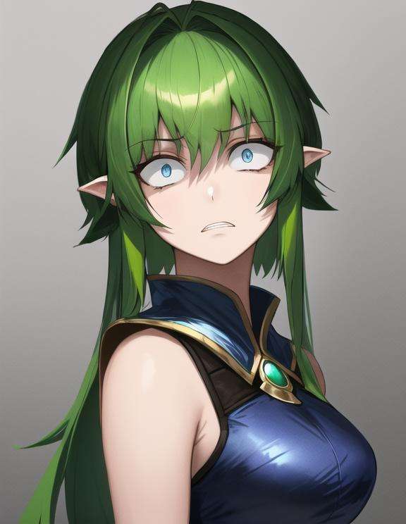 incredibly absurdres, smooth, 8k wallapaper, dark room, hard shadows, (fantasy style clothing and background:1.3), upper body portrait and dynamic pose, head tilted, blue-gray eyes, constricted pupils, scared, frowning, teeth, looking at viewer, young female character, 1girl, green hair and green (gradient hair:1.2), sidelocks, short hair with long locks,