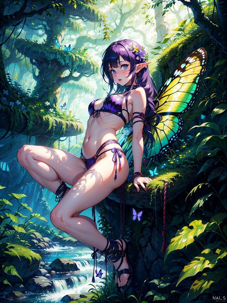 (concept art), (masterpiece:1.3),( beautiful:1.2),(high quality:1.2),1girl, against_tree, arms_behind_back, bangs, bare_shoulders, bare_tree, bdsm, blush, bondage, bound, bound_arms, bound_legs, bound_wrists, hanging midair, hanging from tree branch by rope,  fetal position, breast_bondage, breasts, bug, bush, butterfly, butterfly_wings, cave, crotch_rope, elf, fairy, ((bright blue purple butterfly wings)), butterfly wings from back, fireflies, flower, foliage, forest, grass, green_eyes, hair_between_eyes, hair_flower, hair_ornament, jungle, leaf, log, long_hair, looking_at_viewer, mushroom, nature, navel, night, open_mouth, outdoors, plant, pointy_ears, pond, purple_hair, restrained, rope, shibari, shibari_over_clothes, small_breasts, solo, suspension, tree, under_tree, vines,