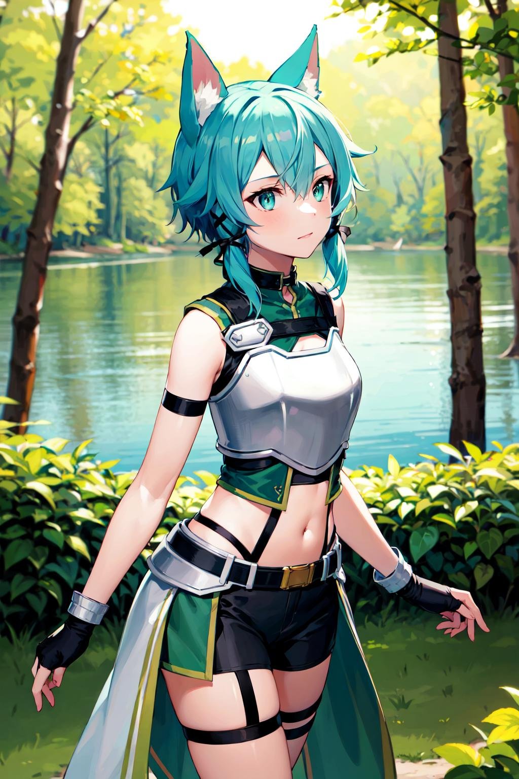 masterpiece, best quality, highres, 1girl, sinon1, animal ears, black ribbon, black shorts, breastplate, hair ribbon, short shorts, midriff, fingerless gloves, thigh strap, sidelocks, green armor, shoulder armor, <lora:sinon:0.7>, from side, lake, forest, 