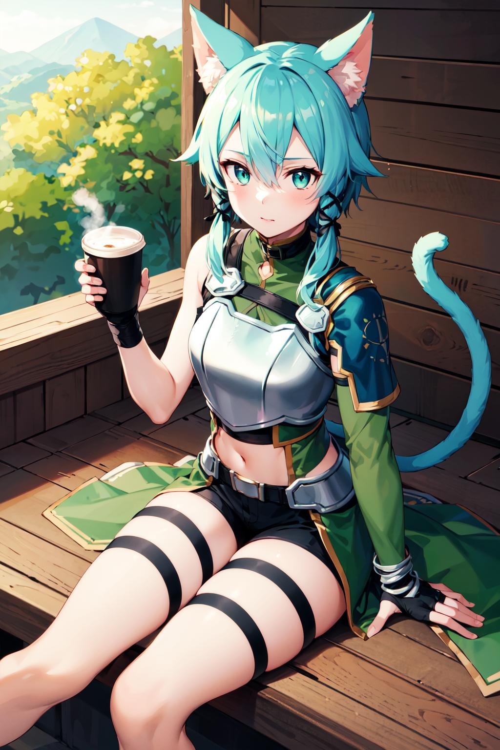 masterpiece, best quality, highres, 1girl, sinon1, animal ears, black ribbon, black shorts, breastplate, hair ribbon, short shorts, cat tail, midriff, fingerless gloves, thigh strap, sidelocks, green armor, shoulder armor, <lora:sinon:0.7>, sitting, coffee, holding cup,