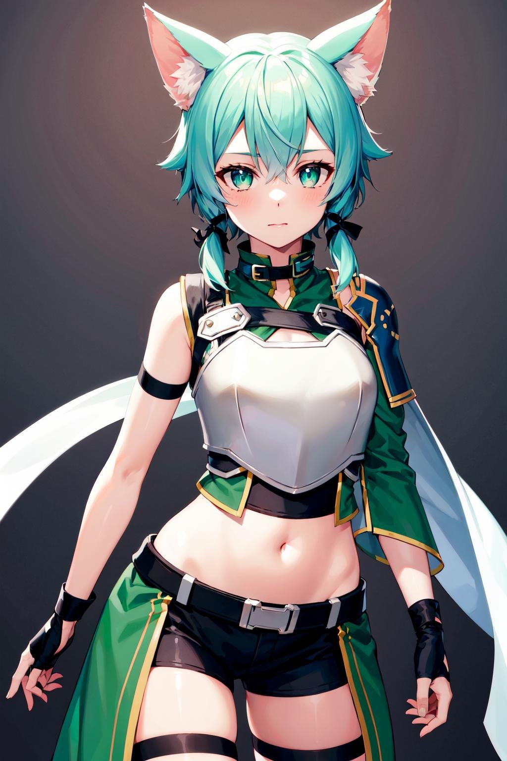 masterpiece, best quality, highres, 1girl, sinon1, animal ears, black ribbon, black shorts, breastplate, hair ribbon, short shorts, cat tail, midriff, fingerless gloves, thigh strap, sidelocks, green armor, shoulder armor, <lora:sinon:0.7>, cowboy shot, standing