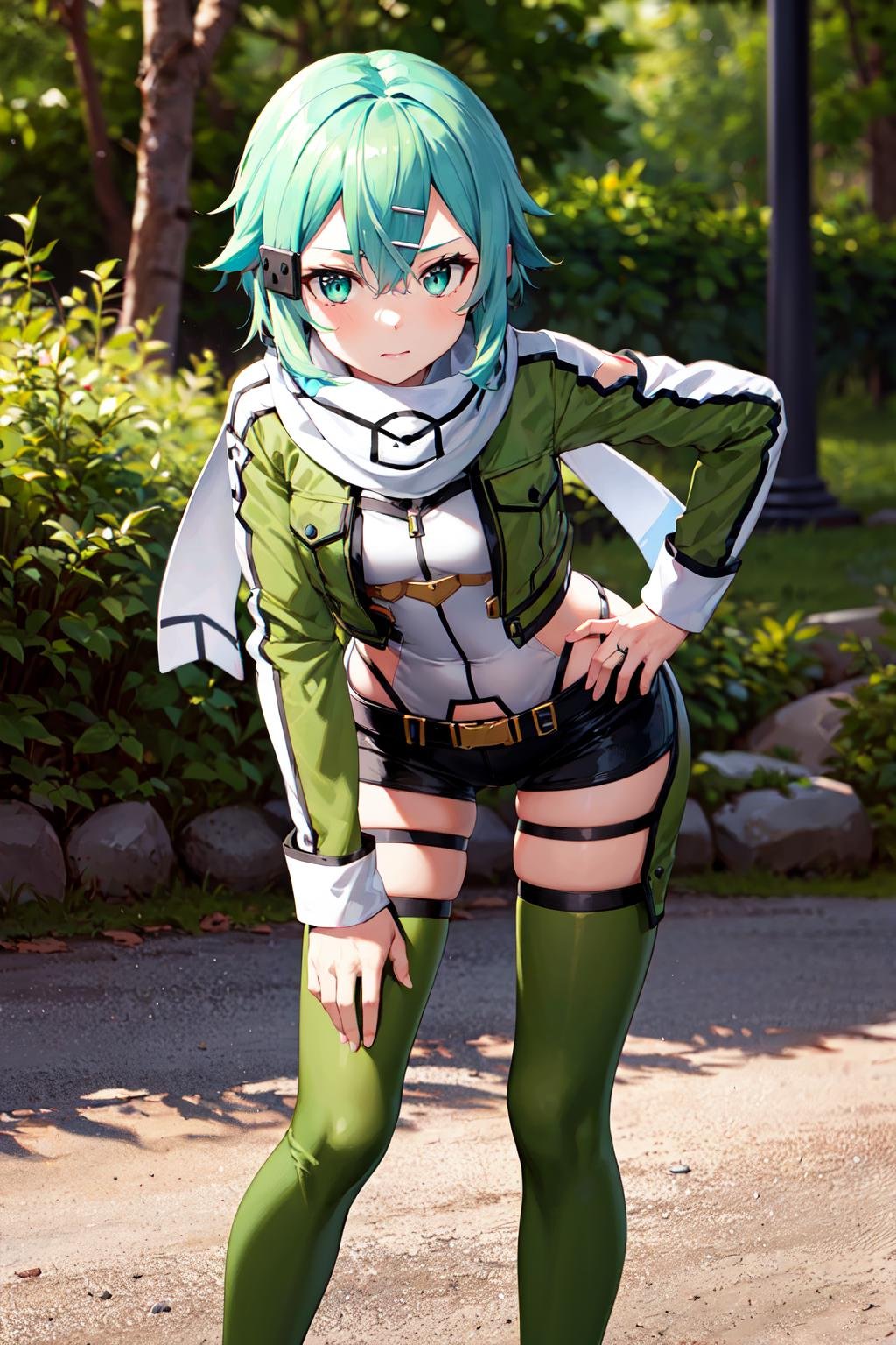 masterpiece, best quality, highres, 1girl, sinon1, scarf, long sleeves, short shorts, hair ornament, hairclip, green thighhighs, green jacket, thigh strap, <lora:sinon:0.7>, hand on hip, leaning forward, :i, outdoors, hand on own knee, 