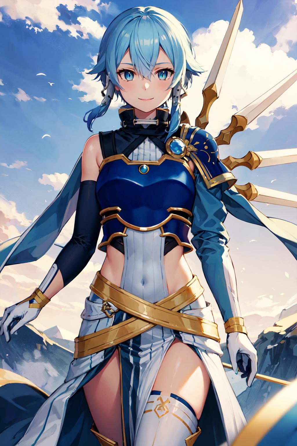 masterpiece, best quality, highres, 1girl,sinon1, white gloves, thighhighs, pelvic curtain, short hair with long locks, hair between eyes, sidelocks, breastplate, shoulder armor, blue armor, <lora:sinon:0.8>, cowboy shot, floating, smile, sky,