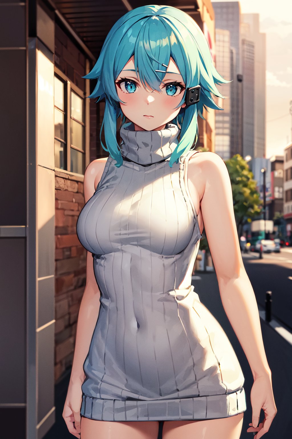 masterpiece, best quality, highres, 1girl, sinon1, hair ornament, hairclip, <lora:sinon:0.7>, street, turtleneck sweater, sweater dress, virgin killer sweater, sleeveless, 