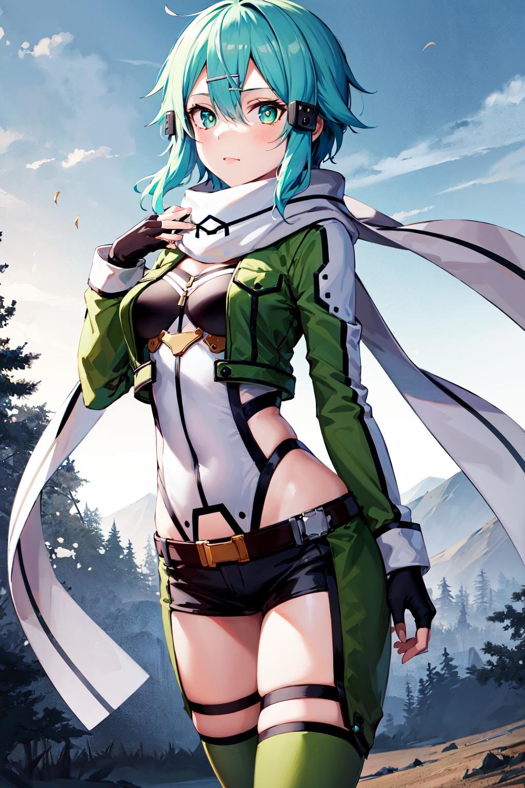 masterpiece, best quality, highres, 1girl, sinon1, scarf, fingerless gloves, long sleeves, short shorts, hair ornament, hairclip, green thighhighs, green jacket, thigh strap, <lora:sinon:0.7>, cowboy shot, standing,