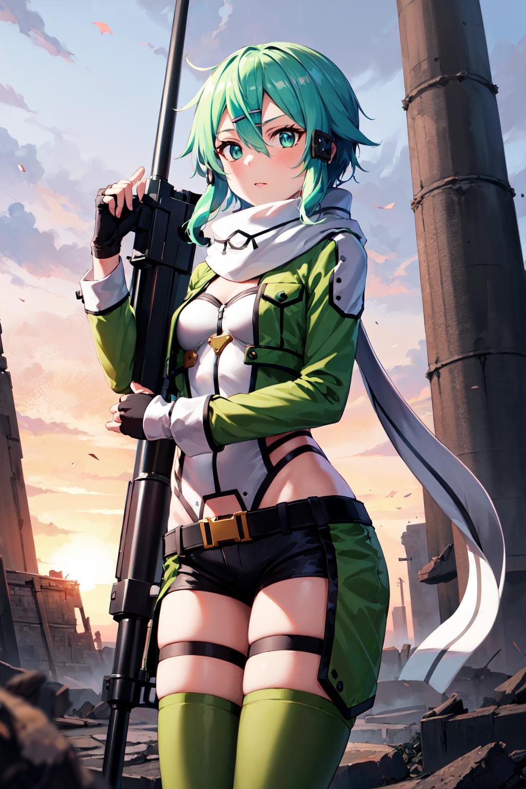 masterpiece, best quality, highres, 1girl, sinon1, scarf, fingerless gloves, long sleeves, short shorts, hair ornament, hairclip, green thighhighs, green jacket, thigh strap, <lora:sinon:0.7>, cowboy shot, holding weapon, sniper rifle, ruins,