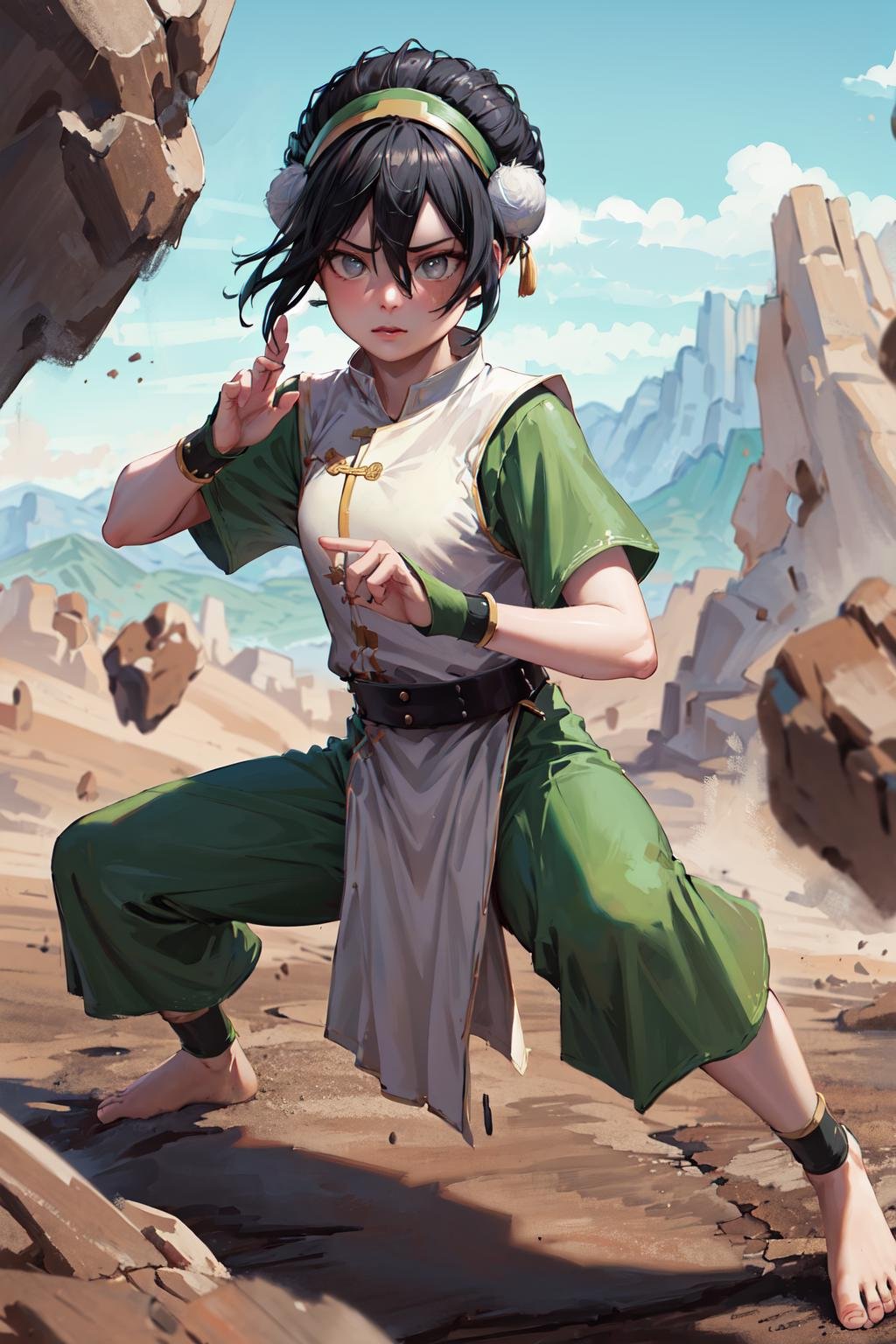 masterpiece, best quality, highres, <lora:toph_beifong_v1:0.75>, 1girl, solo, black hair, hairband, belt, short hair, grey eyes, green hairband, blind, chinese clothes, hair bun, green dress, short sleeves, pelvic curtain, barefoot, fighting stance, outdoors, rock,