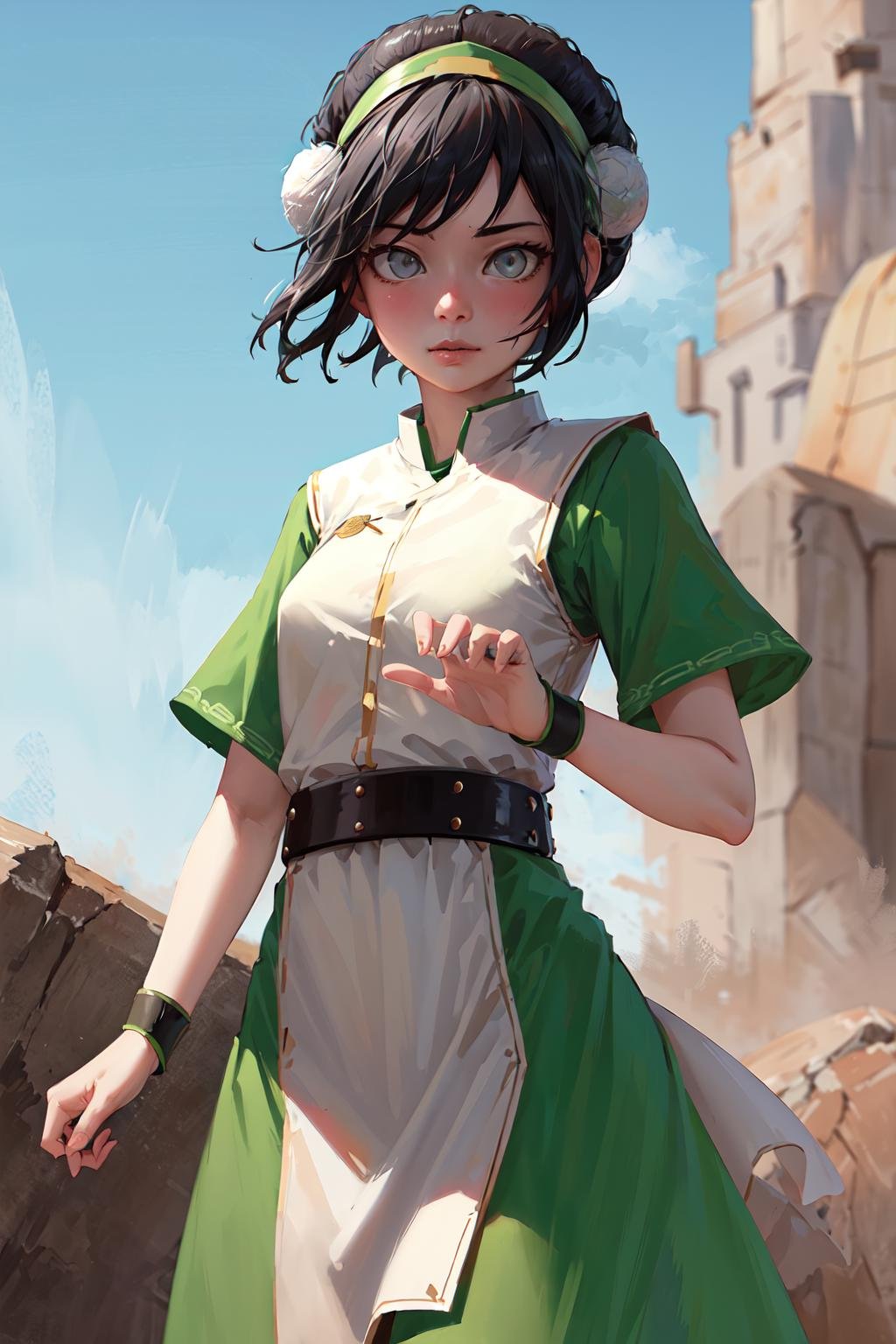 masterpiece, best quality, highres, <lora:toph_beifong_v1:0.75>, 1girl, solo, black hair, hairband, belt, short hair, grey eyes, green hairband, blind, chinese clothes, hair bun, green dress, short sleeves, pelvic curtain, cowboy shot, standing,