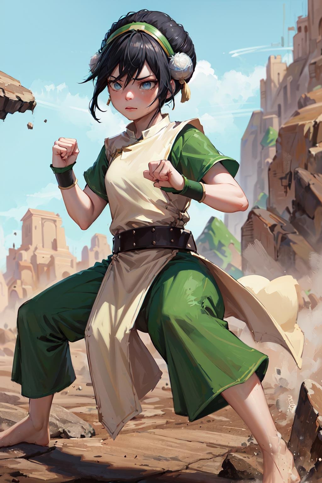 masterpiece, best quality, highres, <lora:toph_beifong_v1:0.75>, 1girl, solo, black hair, hairband, belt, short hair, dress, blue eyes, hair bun, green hairband, blind, chinese clothes, hair bun, green dress, short sleeves, pelvic curtain, barefoot, fighting stance, rock, clenched hands, 